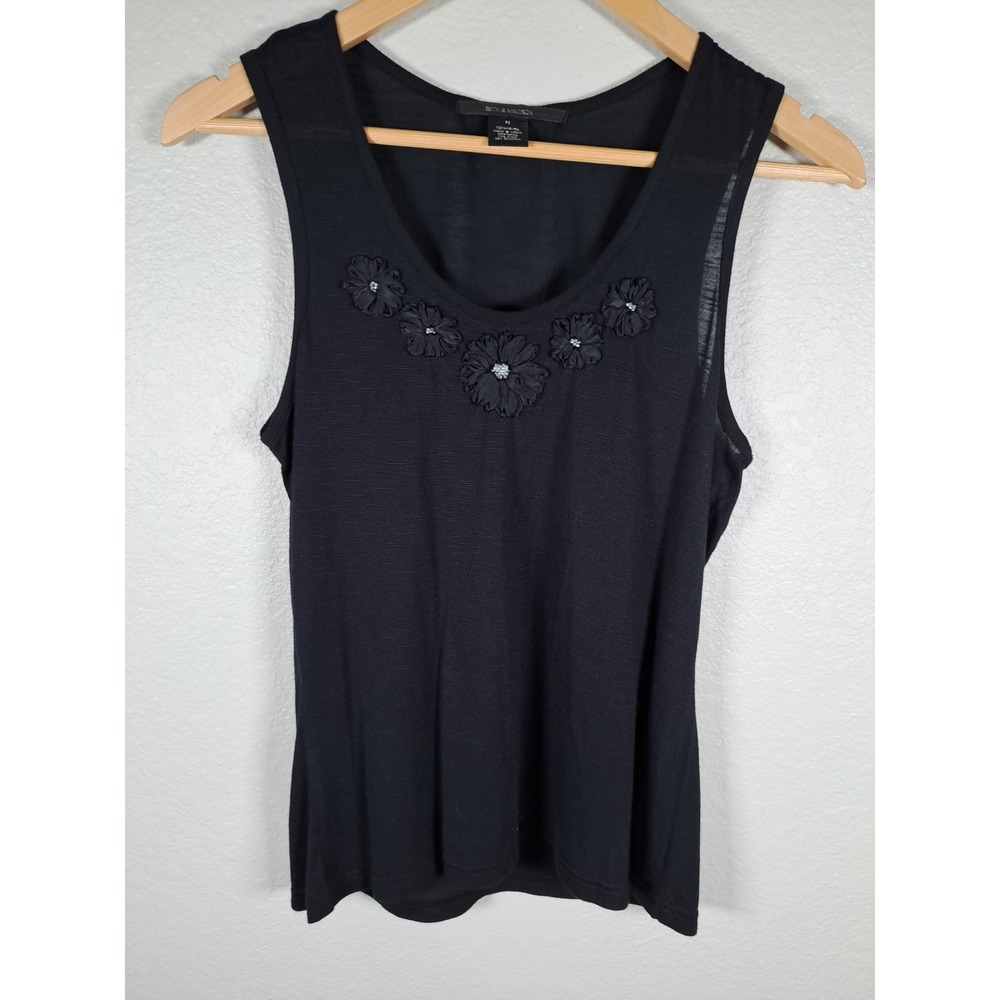 89th & Madison Womens Black Floral Applique Rhinestone Slub Tank Top Medium